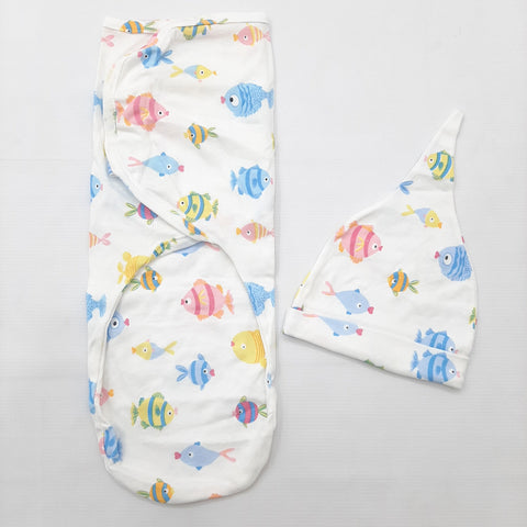 Swaddle with Cap - Blue & Yellow - Fish