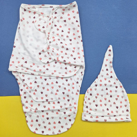 Swaddle With Cap - Pink & Maroon - Mini Hearts