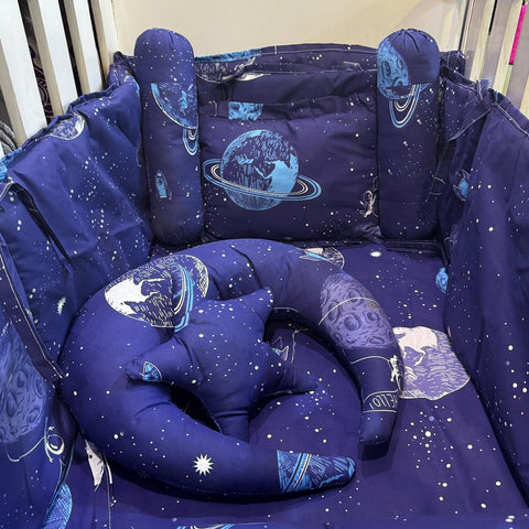 8 Pieces Cot Bedding Set - Navy Blue - Planets