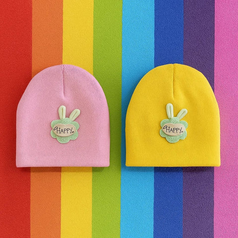 Pack of 2 - Woolen Caps - Pink & Yellow - Happy - 25
