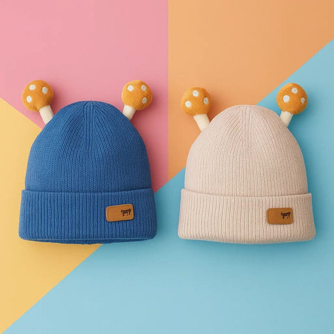 Pack of 2 - Woolen Caps - Blue & Skin - Mushroom - 25