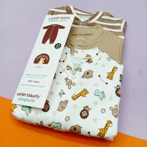 Pack of 3 Bluefly Sleep Suits - Brown Animals & Lining