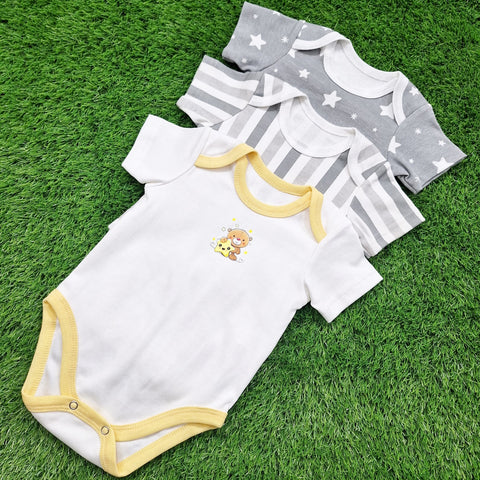 TBS - Pack of 3 - Short Sleeve Bodysuits - Grey - Stripes & Stars