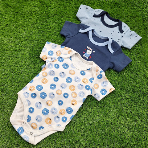 TBS - Pack of 3 - Short Sleeve Bodysuits - Blue - Bear & Donuts