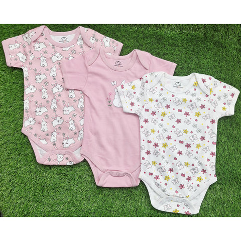 BRL - Pack of 3 - Short Sleeve Bodysuits - Pink - Rabbit