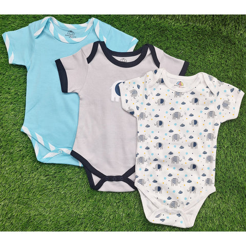 BRL - Pack of 3 - Short Sleeve Bodysuits - Blue - Elephant