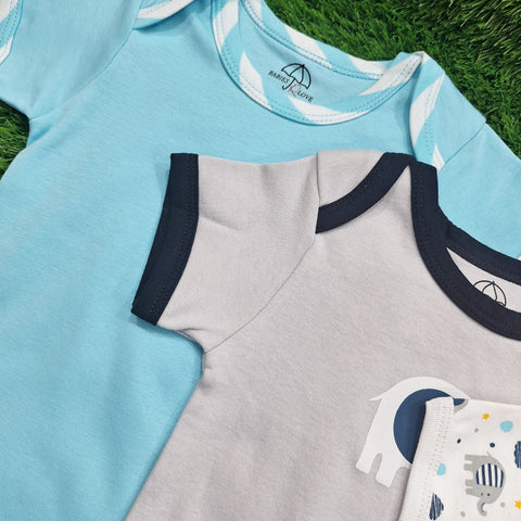 BRL - Pack of 3 - Short Sleeve Bodysuits - Blue - Elephant