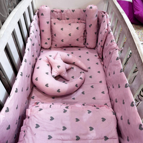 8 Pieces Cot Bedding Set - Pink - Small Hearts
