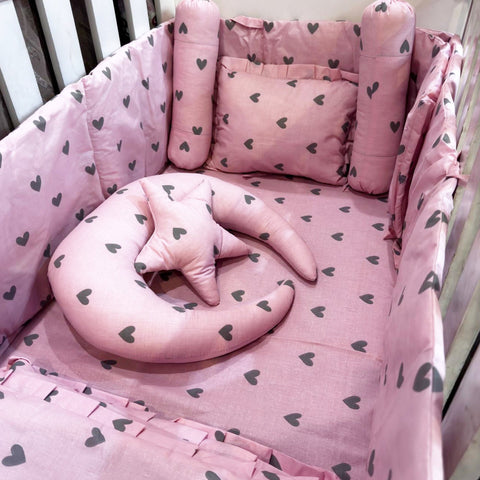 8 Pieces Cot Bedding Set - Pink - Small Hearts