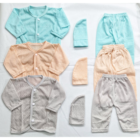3 Pack - Newborn Night Suits - Peach Green Grey - Dotted - 25