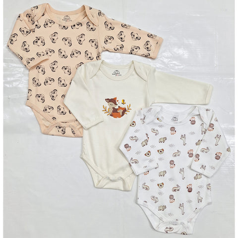 BRL - Pack of 3 - Long Sleeve Bodysuits - Cream - Jungle