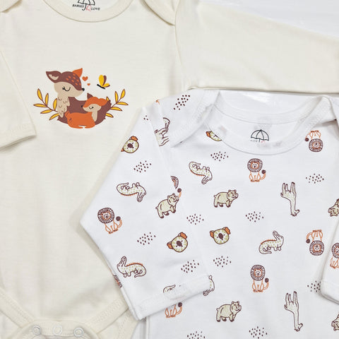 BRL - Pack of 3 - Long Sleeve Bodysuits - Cream - Jungle