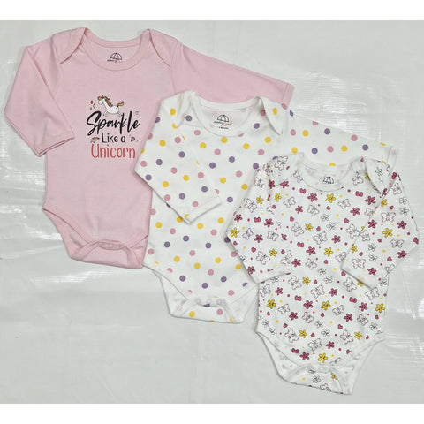 BRL - Pack of 3 - Long Sleeve Bodysuits - Pink - Sparkle