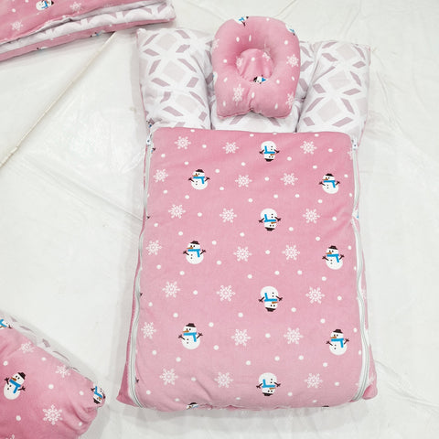 BBS - 7 Pieces - Velvet Bedding Set - Pink - Snowman - 25