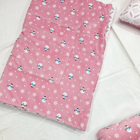 BBS - 7 Pieces - Velvet Bedding Set - Pink - Snowman - 25