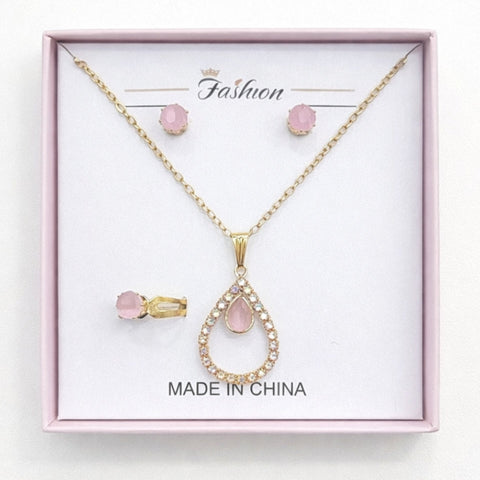 Fashion - 3 Pieces - Jewelry Set - Pink - Golden Drop