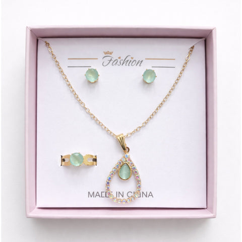 Fashion - 3 Pieces - Jewelry Set - Green - Golden Drop
