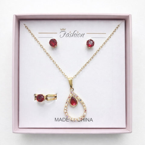 Fashion - 3 Pieces - Jewelry Set - Red - Golden Drop