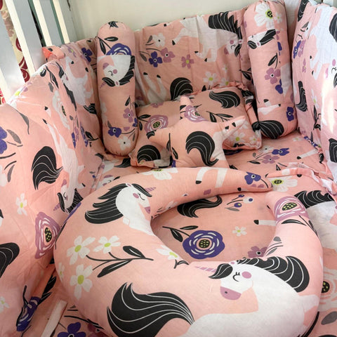 8 Pieces Cot Bedding Set - Pink - Unicorn & Flowers