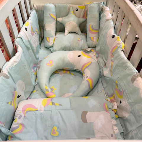 8 Pieces Cot Bedding Set - Sea Green - Unicorn