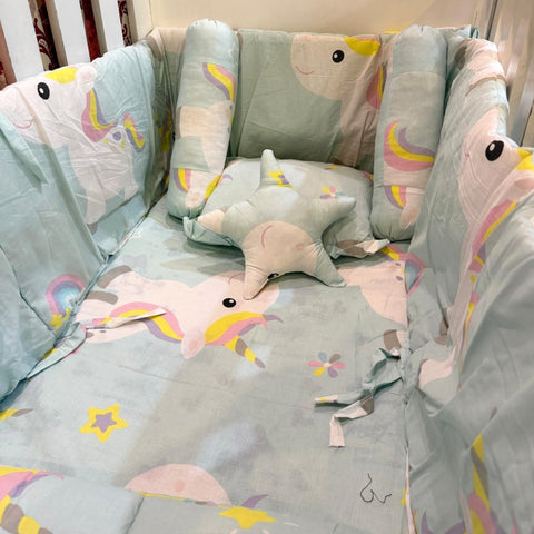 8 Pieces Cot Bedding Set - Sea Green - Unicorn