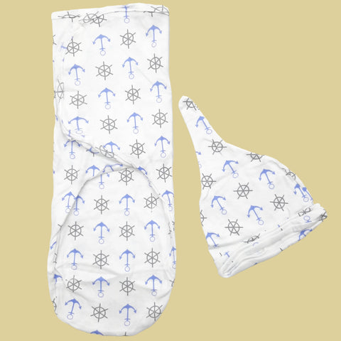 Swaddle with Cap - Blue - Anchors