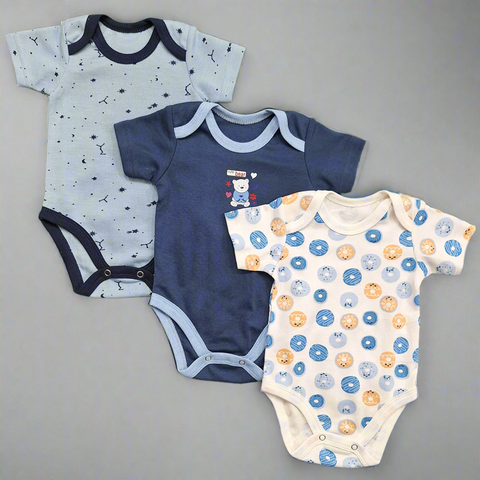 TBS - Pack of 3 - Short Sleeve Bodysuits - Blue - Bear & Donuts