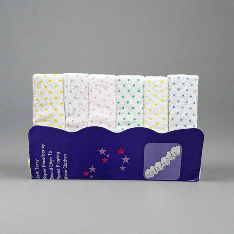 Pack of 6 - White - Face Towels - Dotted