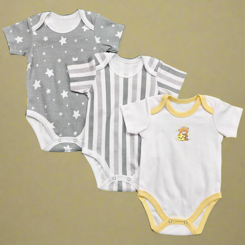 TBS - Pack of 3 - Short Sleeve Bodysuits - Grey - Stripes & Stars