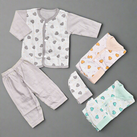 3 Pack - Newborn Night Suits - Peach Green Grey - Hearts - 25