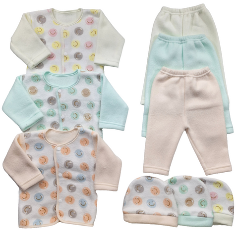 Fleece - 3 Pack - Newborn Night Suits - Peach Green Yellow - Smiley - 25