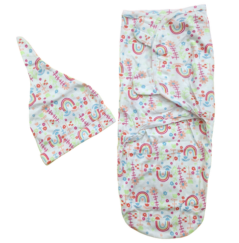Swaddle with Cap - Pink & Green - Rainbow