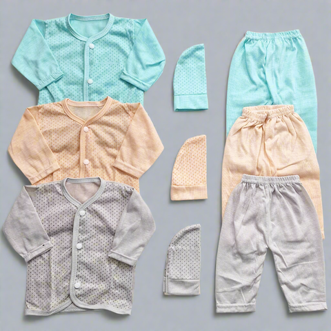 3 Pack - Newborn Night Suits - Peach Green Grey - Dotted - 25