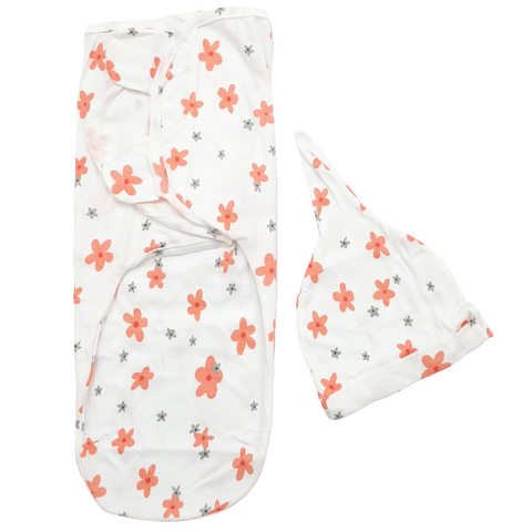 Swaddle with Cap - Peach & Grey - Flowers