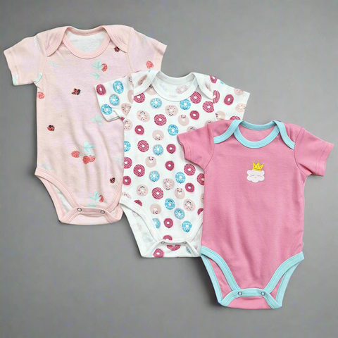 TBS - Pack of 3 - Short Sleeve Bodysuits - Pink - Crown & Donuts