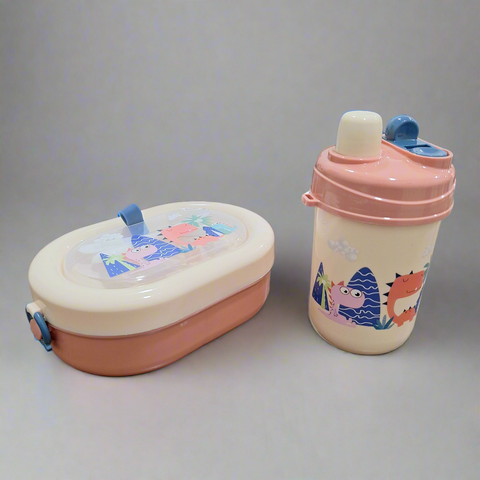 2 Pieces - Lunch Box & Water Bottle - Gift Set - Dinosaur - Pink