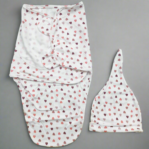 Swaddle With Cap - Pink & Maroon - Mini Hearts