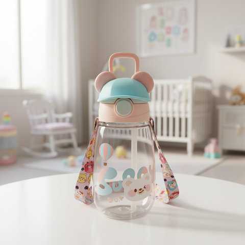 Bright product photo of pink and blue children's water bottle on white table with baby room background