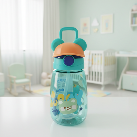 Bright product photo of turquoise children's water bottle on white table with baby room background
