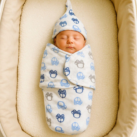 Swaddle with Cap - Grey & Blue - Giant Cars
