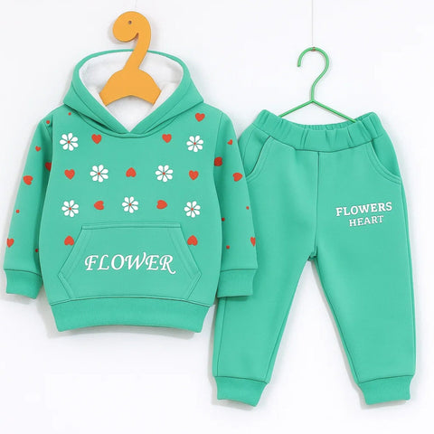 Mini - 2 Pieces - Hooded Set - Green - Flowers & Hearts