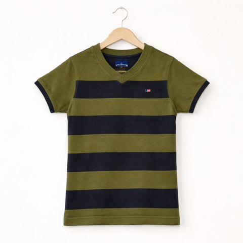 TH - Short Sleeve - V Neck - T-Shirt - Green & Navy