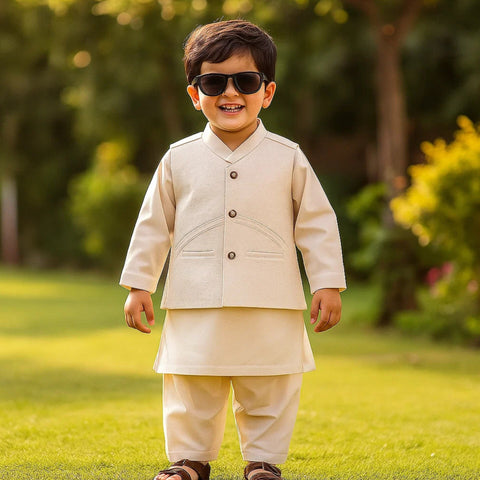TBS - 3 Pieces - Waist Coat Kurta Shalwar - Wash N Wear - Off White