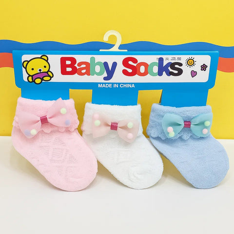 Pair of 3 Socks - Bow Beads - Blue White Pink