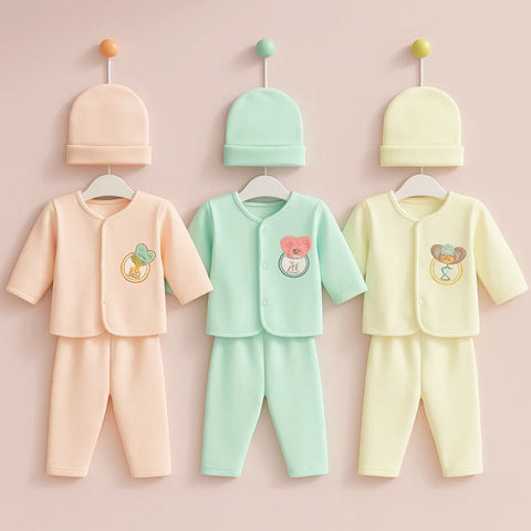 Fleece - 3 Pack - Newborn Night Suits - Peach Green Yellow - Alphabets