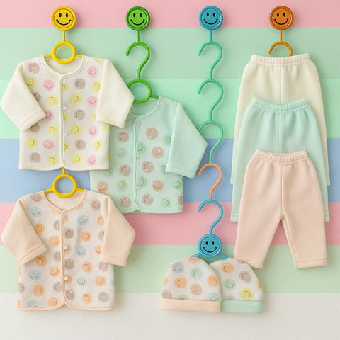 Fleece - 3 Pack - Newborn Night Suits - Peach Green Yellow - Smiley - 25