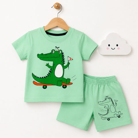 Cotton Jersey T-Shirt & Shorts - Light Green - Crocodile