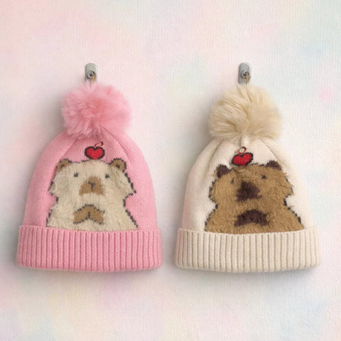 Pack of 2 - Woolen Caps - Pink & Skin - Pom Bear - 26