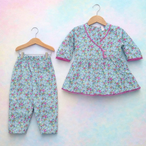 P&P - 2 Pieces - Frock Set - Blue - All Over Flowers & Leaves