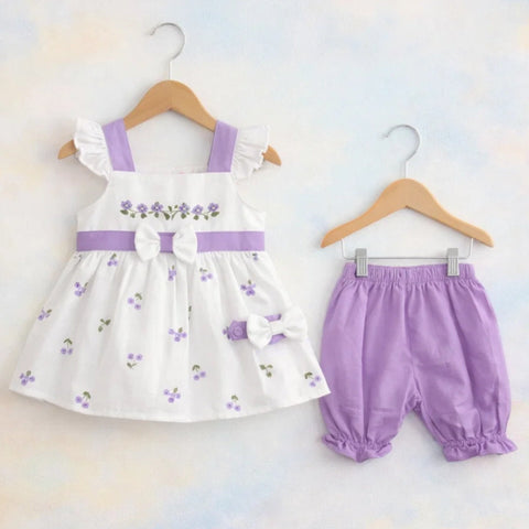 P&P - 3 Pieces - Frock Set - Purple - Bow & Leaves